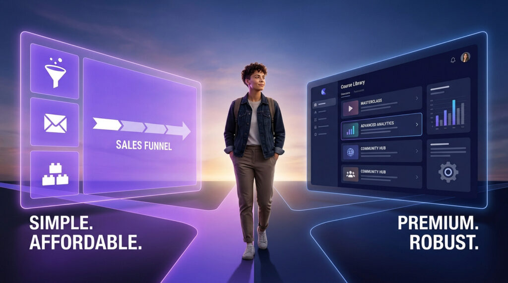 Personne marchant à un carrefour entre un tunnel de vente simplifié et un tableau de bord plateforme premium.