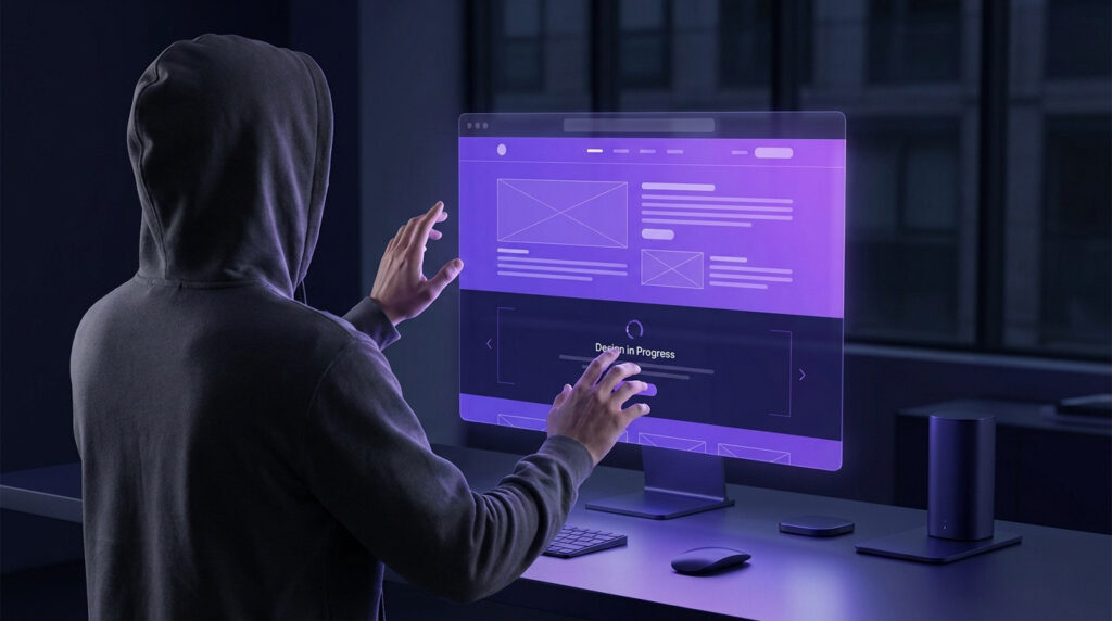 Personne à capuche travaillant sur une interface de design web holographique violette futuriste.