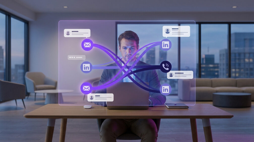 Homme travaillant sur un ordinateur avec une interface numérique montrant des connexions entre e-mails et réseaux sociaux.
