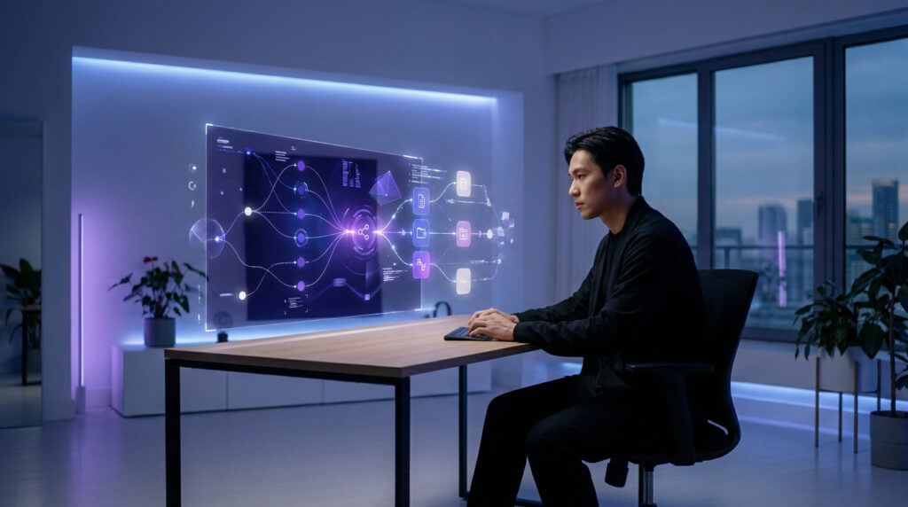 Un homme travaille sur un bureau avec une interface holographique représentant des flux d'automatisation complexes.